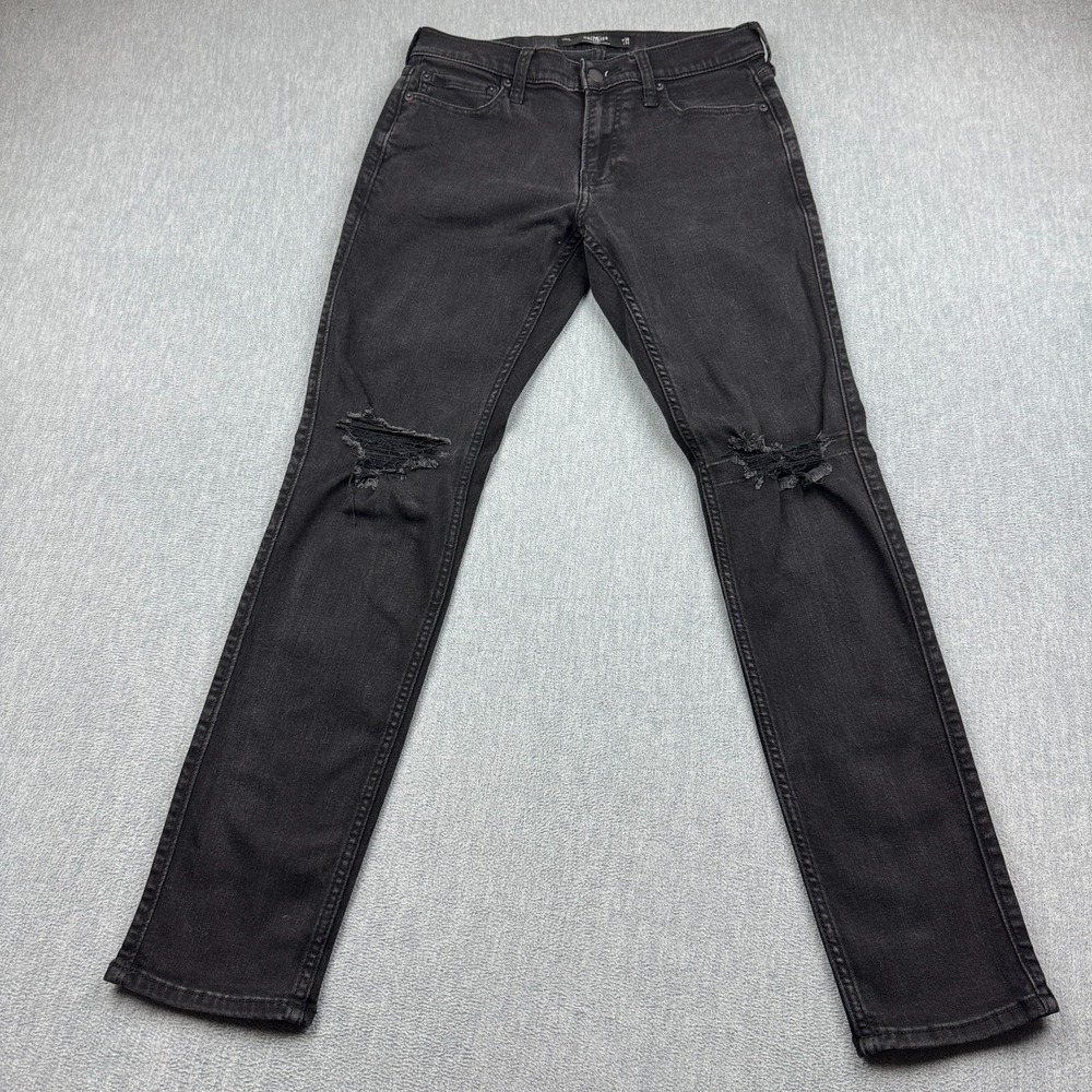 Hollister Jeans Mens 30x31 Black Stretch Skinny Distressed Denim Zip Mid Rise